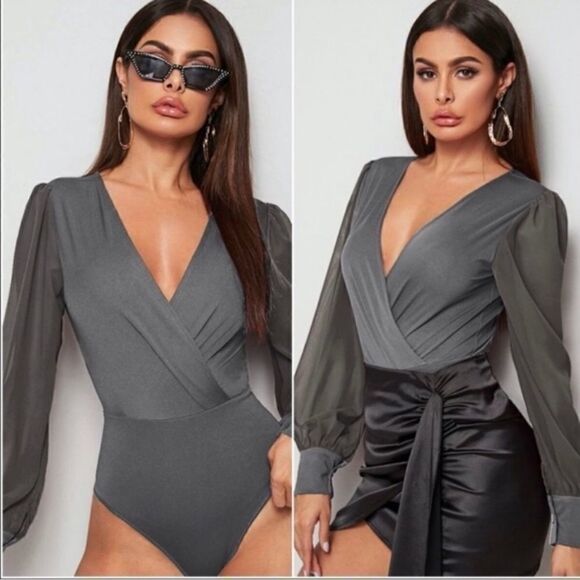💼Gray V-Neck Bodysuit Blouse - Picture 2 of 6
